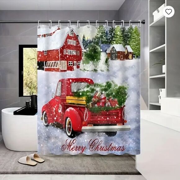 NEW! Christmas Vintage Red Truck Fabric Shower Curtain and Hooks Set Holidays - Picture 1 of 6